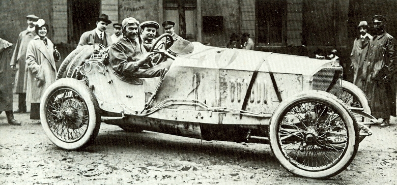 Louis Wagner poses for the camera in Lyon in the cockpit of his 1914 GP Mercedes